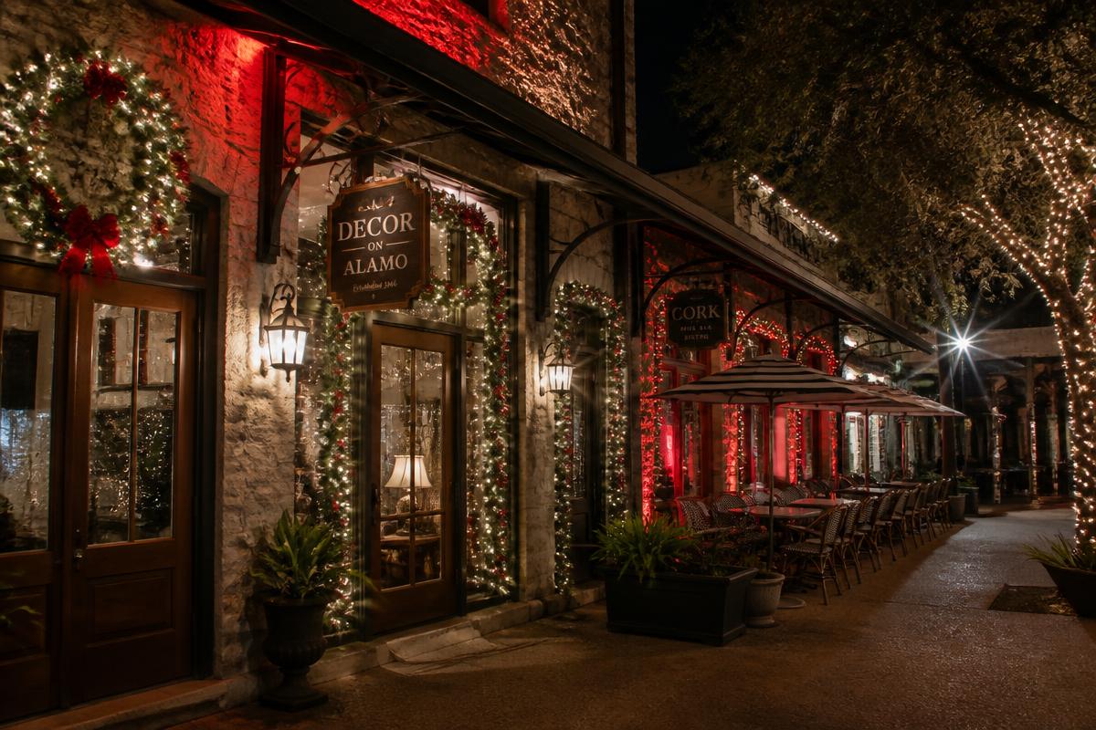 San Antonio storefront and restaurant patio decorated with holiday lights, wreaths, and garland at night