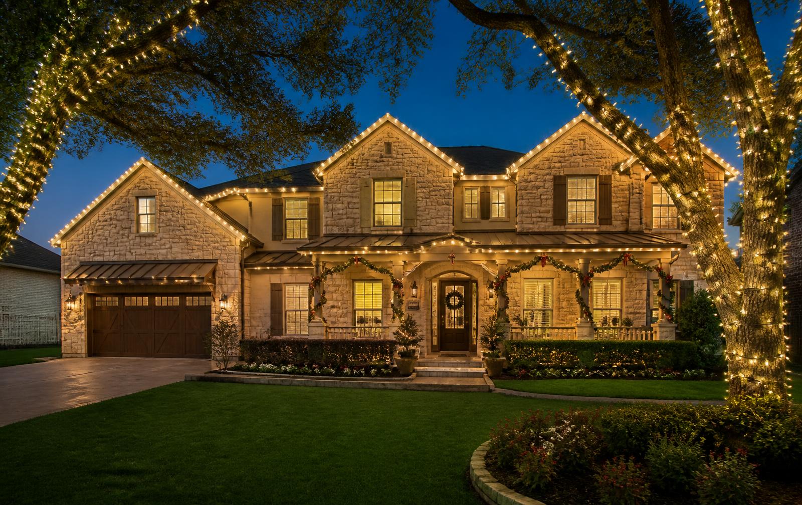 San Antonio home with warm white Christmas lights along the roofline and wrapped oak trees at dusk